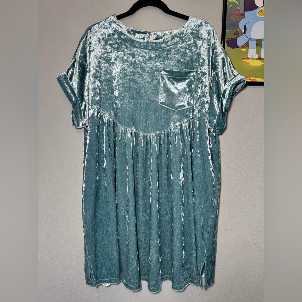 Kori Crushed Velvet Babydoll Tunic dress, pockets oversized Sz Small teal blue